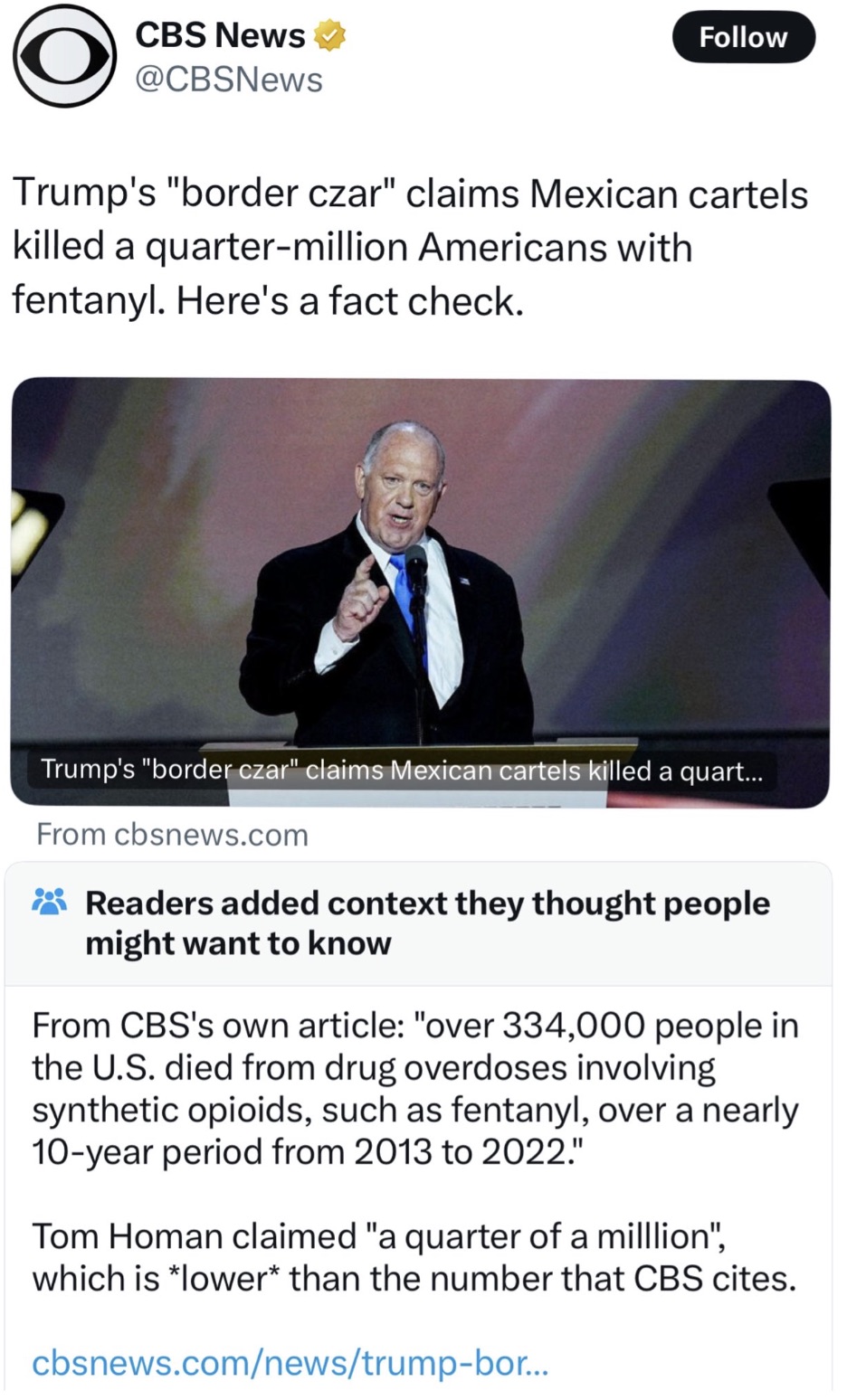 screenshot - Cbs News Trump's "border czar" claims Mexican cartels killed a quartermillion Americans with fentanyl. Here's a fact check. D Trump's "border czar" claims Mexican cartels killed a quart... From cbsnews.com Readers added context they thought p